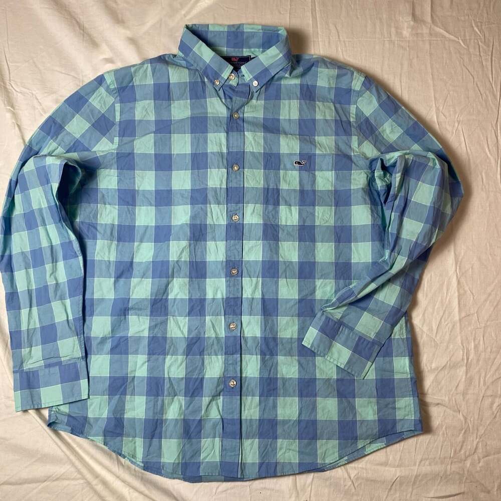 Vineyard Vines Slim Fit Tucker Shirt Blue Green Plaid Men's XL (1367)